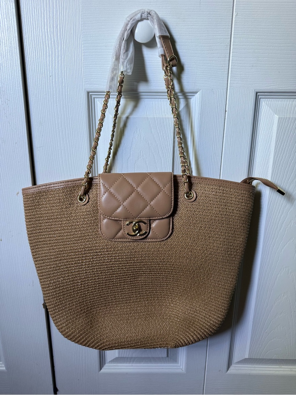 Quilted Straw Tote Bag in Light Brown - Chain Strap